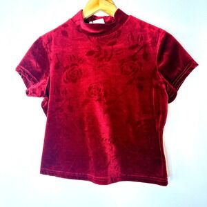 Vintage Buffy's Choice Velvet Mock Neck Top Rose Floral Burgundy Medium